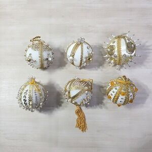 6 Vintage Push Pins & Sequins Gold & White Satin Heavily Decorated Ornaments O7